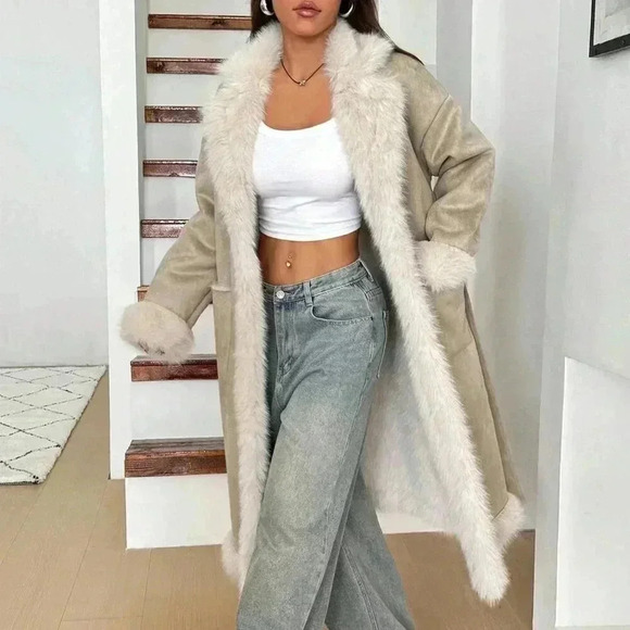 Beige Casual Women's Fuzzy Patchwork Long Sleeve Front Tie Pocket Jacket - Picture 2 of 7